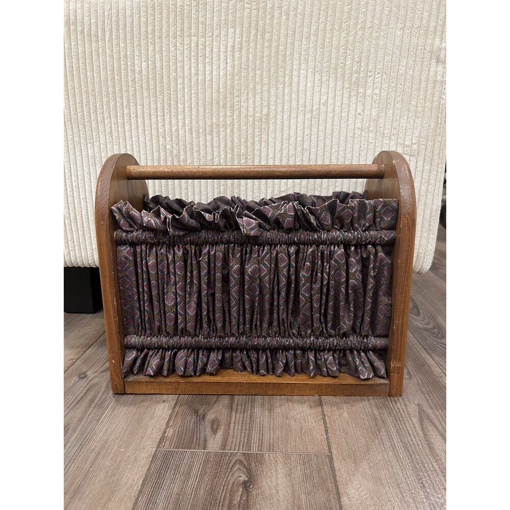 Vintage Magazine Newspaper Rack Sewing Holder Fabric Solid Wood 15”x12”